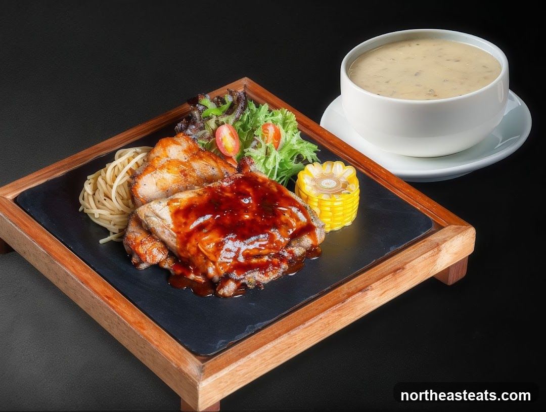 Grilled Chicken Steak with Spaghetti and Soup