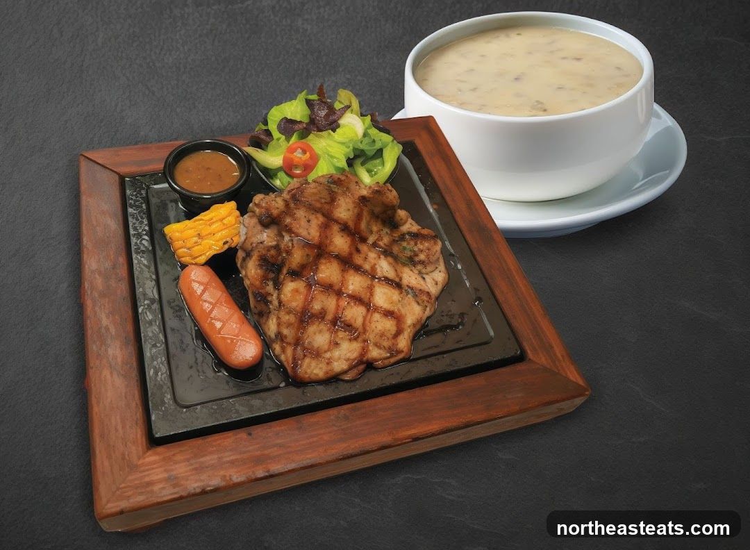 Grilled Pork Chop with Sides and Soup