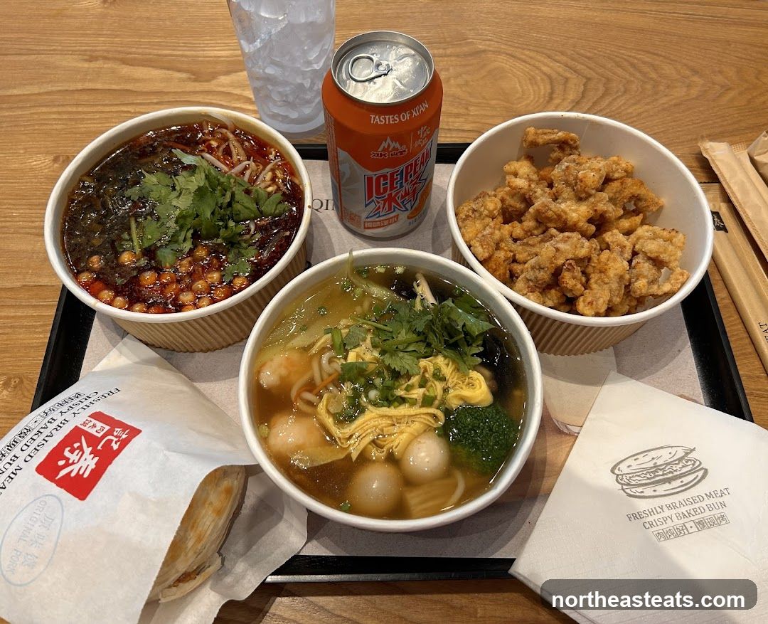 Meal with Noodles, Fried Chicken, and Drink