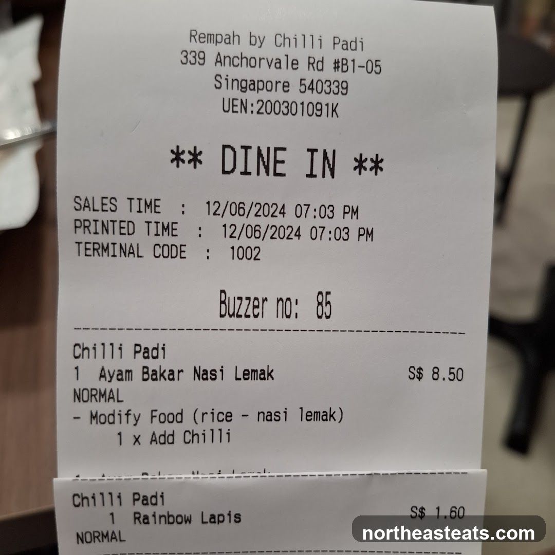 Receipt from Rempah by Chilli Padi