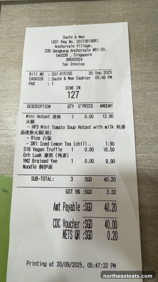 Receipt from Saute & Mee
