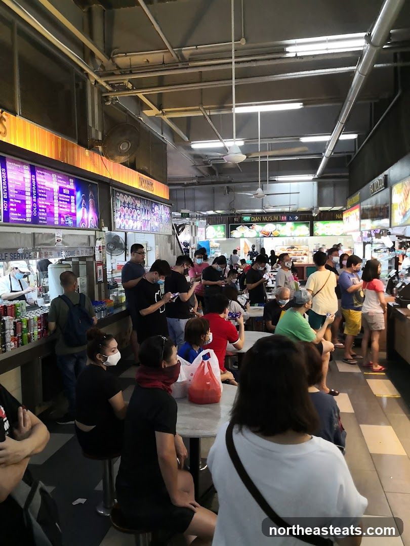 Food court with people queuing