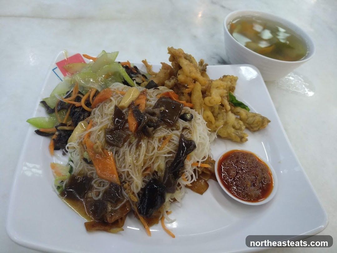 Noodles with Fried Mushrooms and Soup