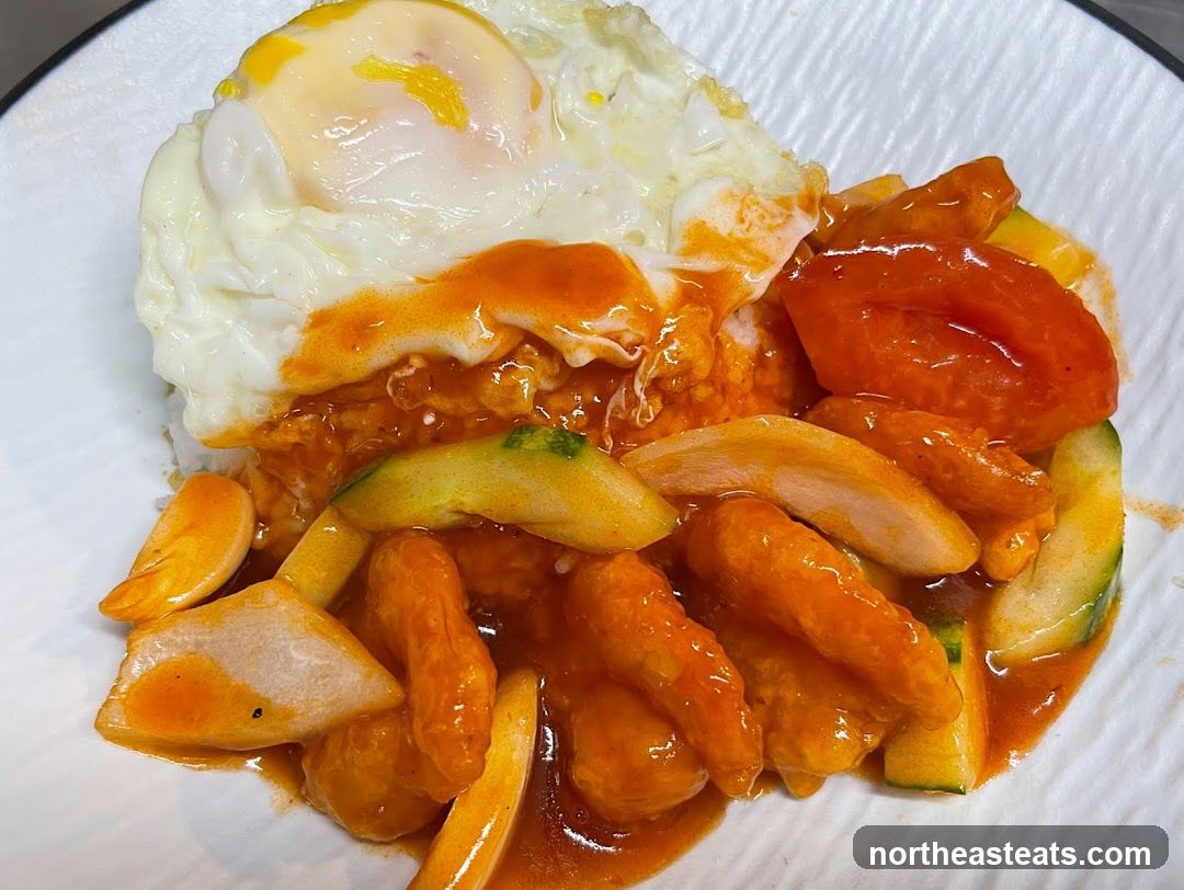 Rice dish with fried egg and sauce