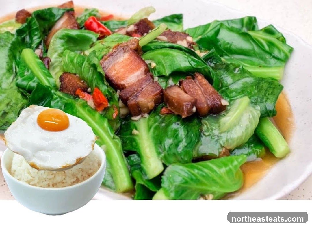 Stir-fried Greens with Pork Belly and Fried Egg on Rice
