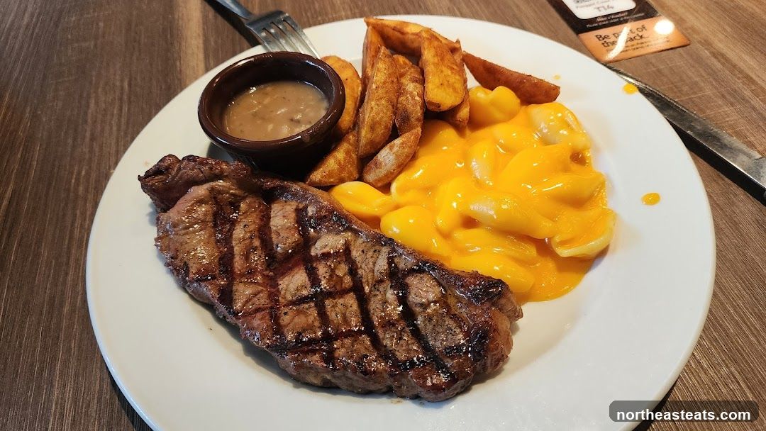 Steak with Mac and Cheese and Fries