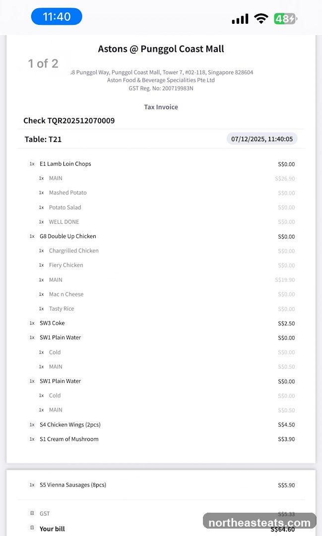 Astons @ Punggol Coast Mall Tax Invoice
