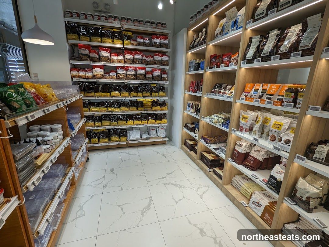 Interior of a store with shelves stocked with food products