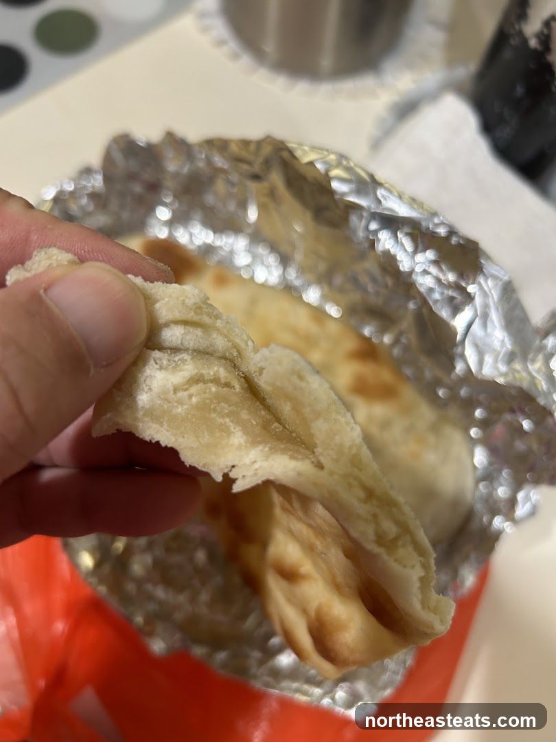 Close-up of a hand holding a piece of flatbread