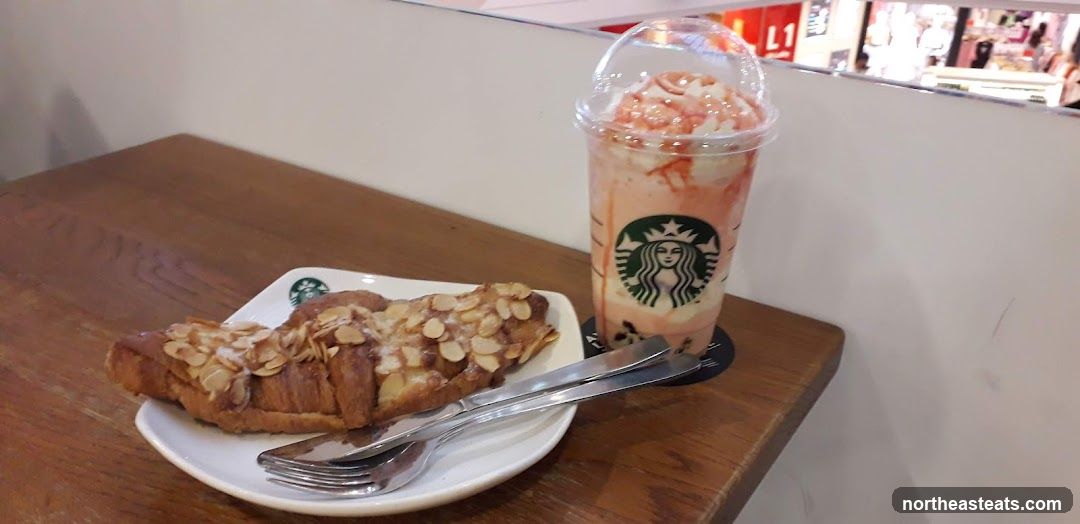 Starbucks Almond Croissant and Strawberry Drink