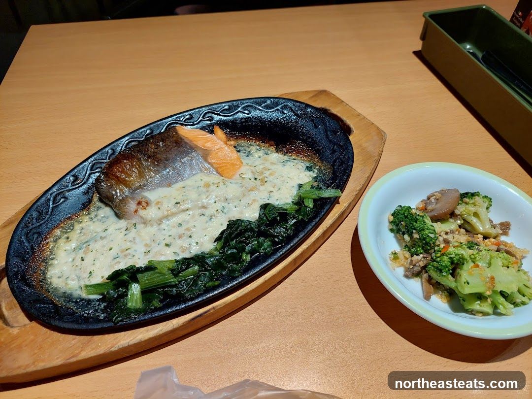 Sizzling Salmon with Cream Sauce and Side Dish