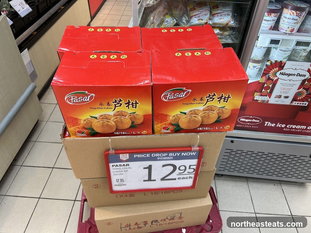 Boxes of fruit and ice cream in a store