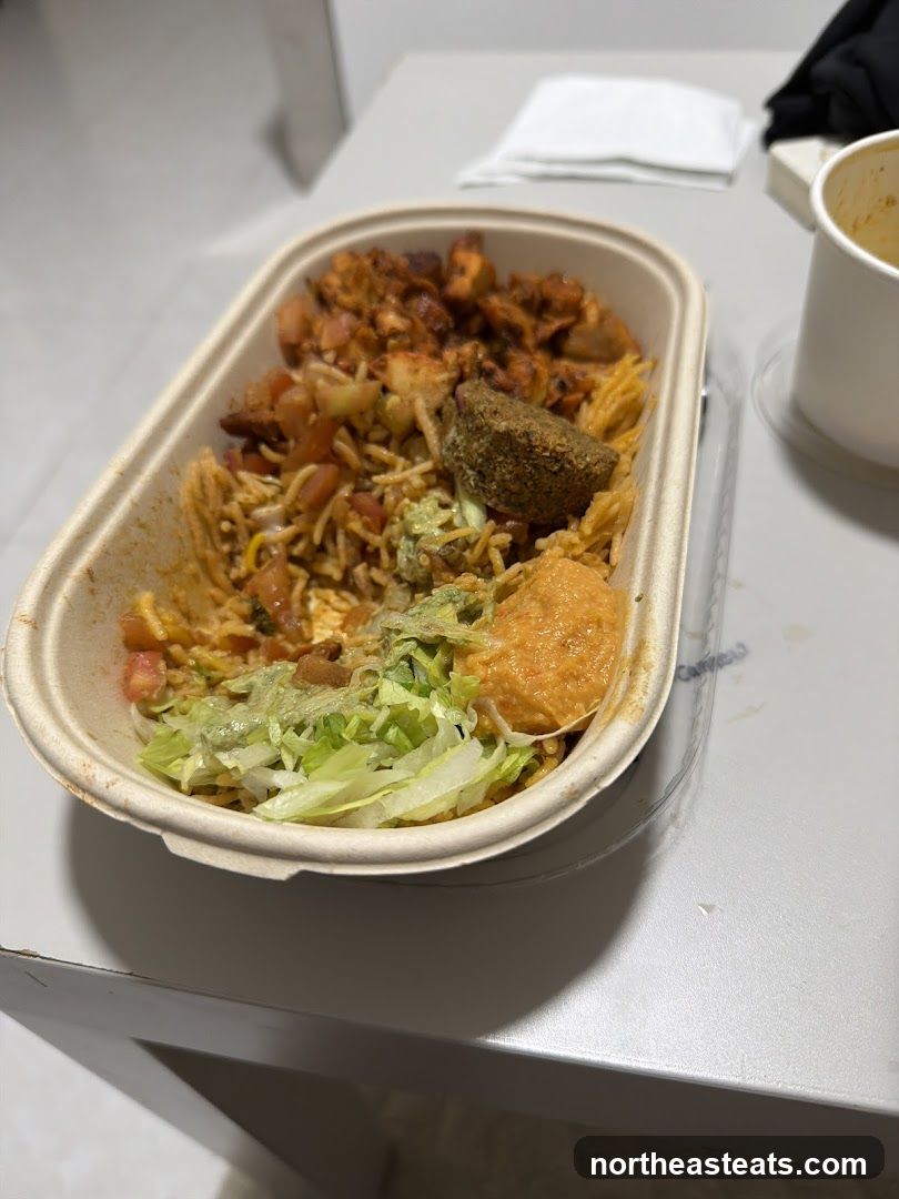 Takeout Bowl with Chicken, Falafel, and Rice