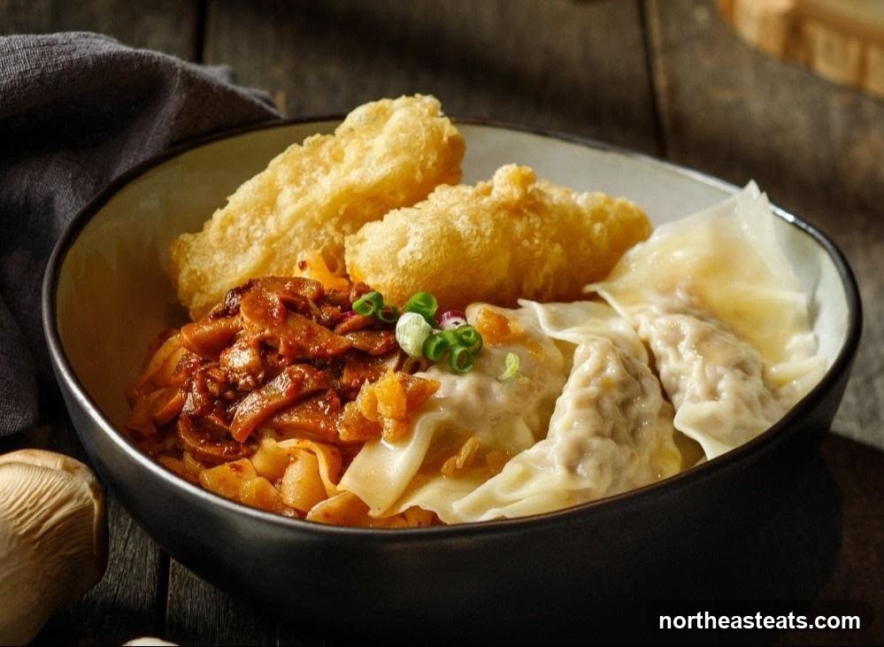 Noodle Dish with Dumplings and Fried Items