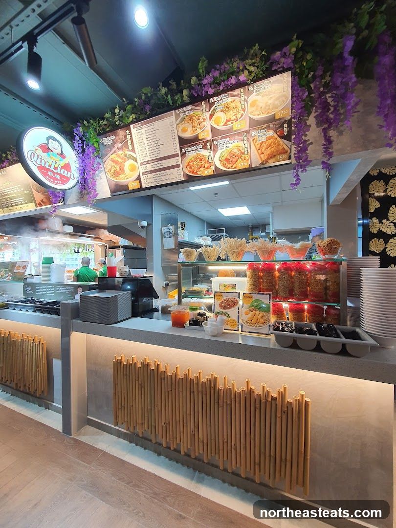Food stall counter with menu and food items