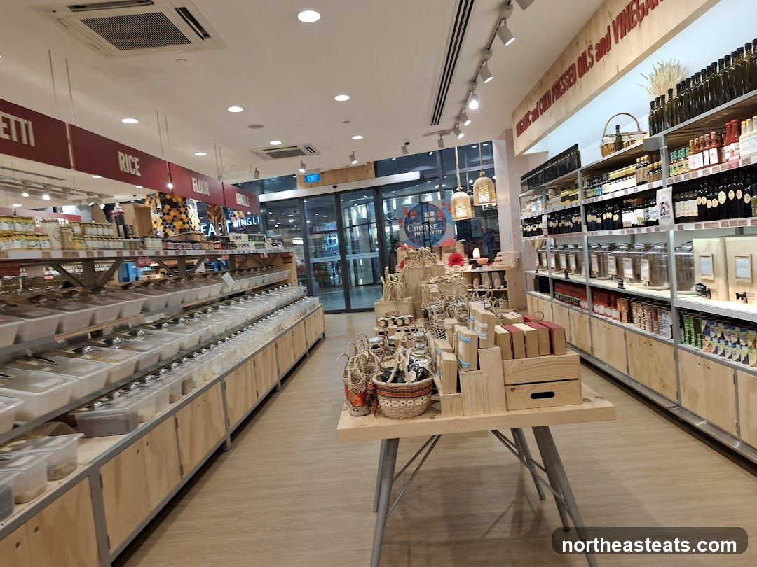 Interior of a grocery store with bulk bins and shelves of products