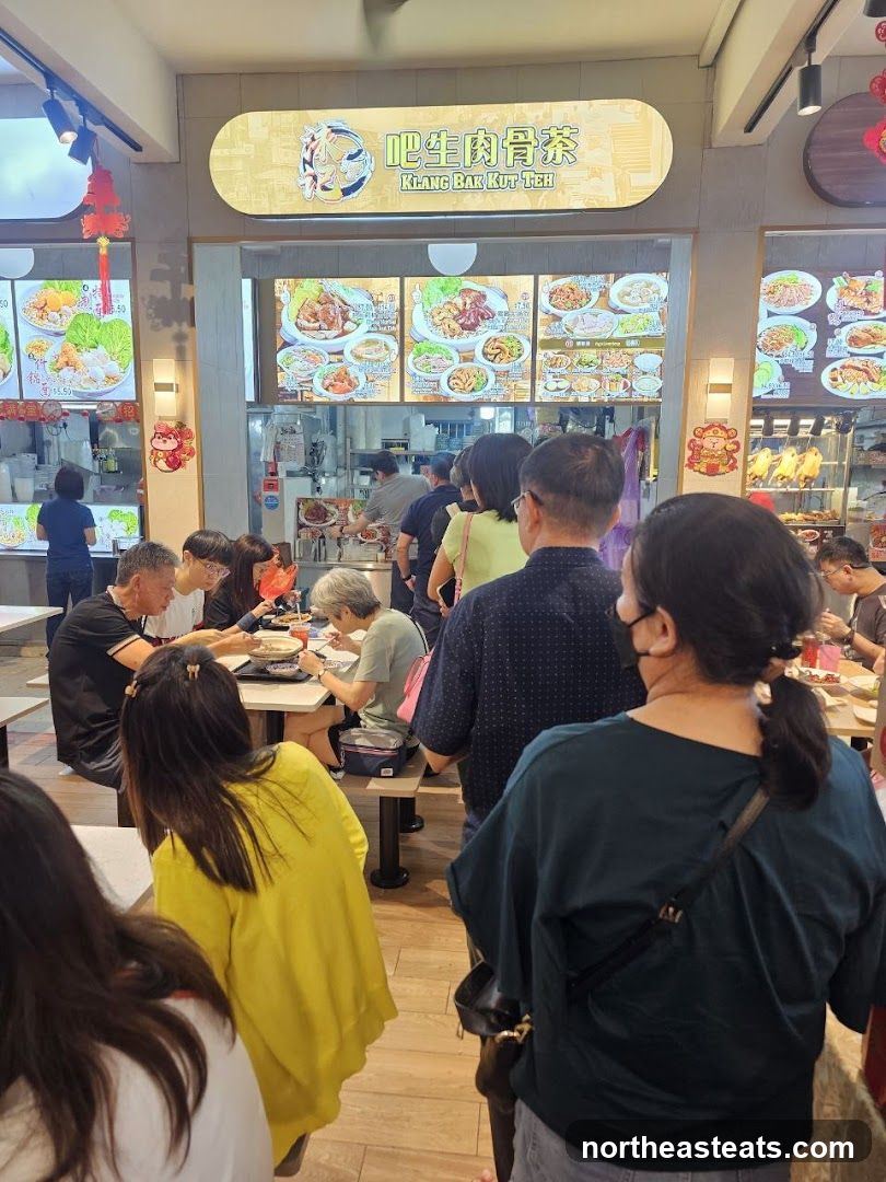 Food court with a long queue