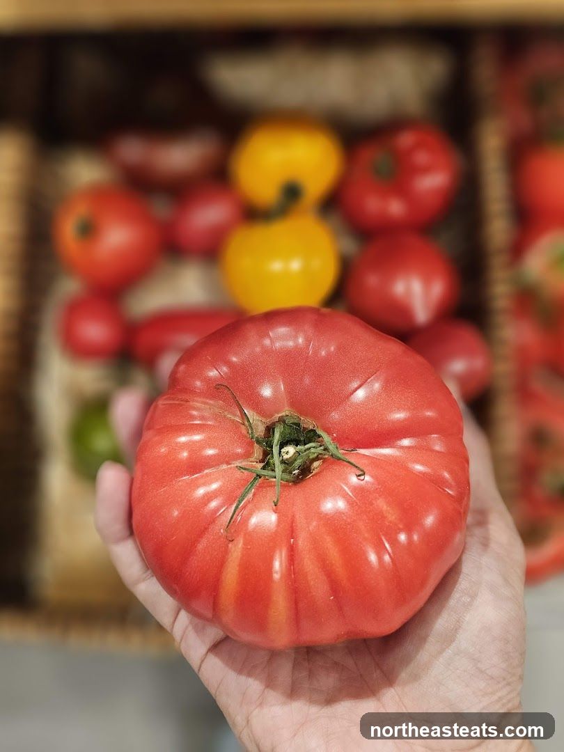 Hand holding a large heirloom tomato