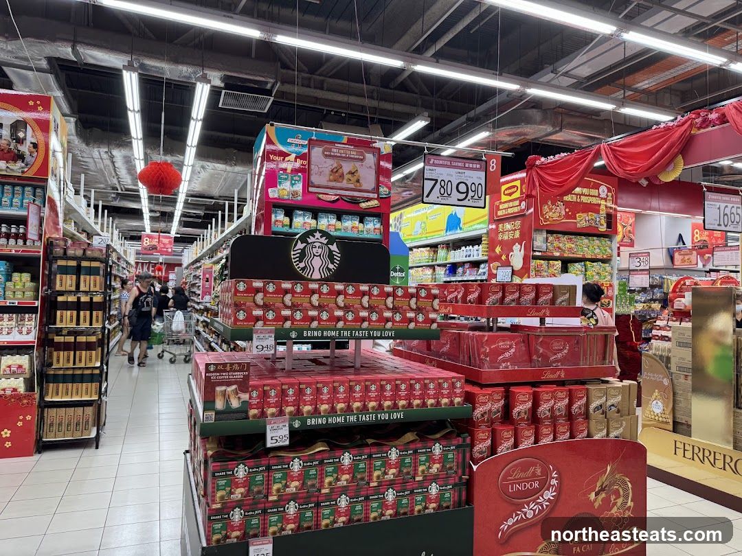 Supermarket aisle with holiday displays