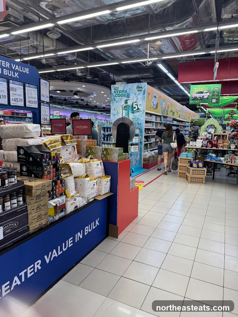 Supermarket aisle with promotional displays