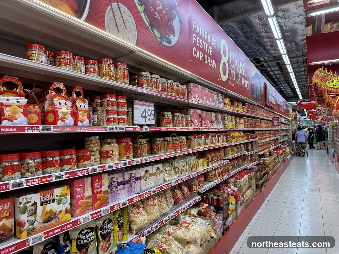 Supermarket aisle with festive decorations