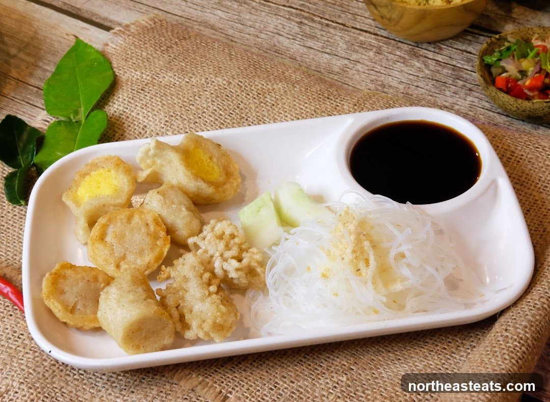 Fried Fish Cakes with Noodles and Sauce