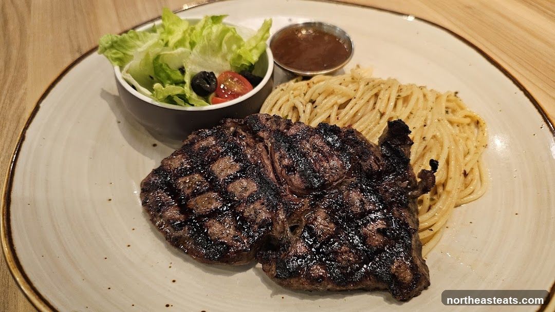 Grilled Steak with Pasta and Salad