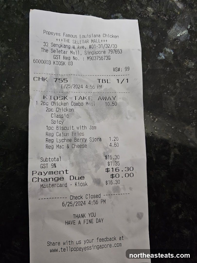 Popeyes Famous Louisiana Chicken Receipt