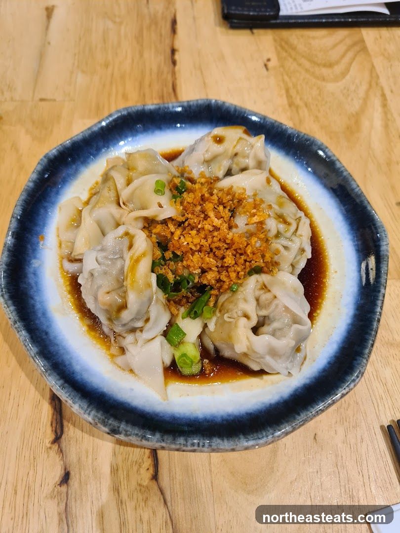 Dumplings with sauce and toppings