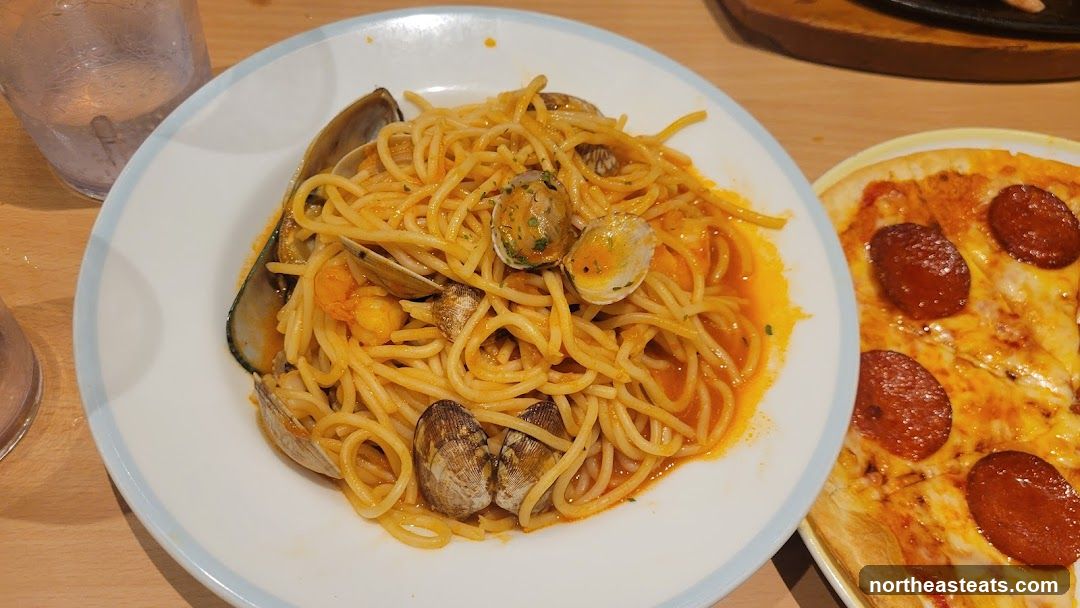Seafood Pasta and Pepperoni Pizza