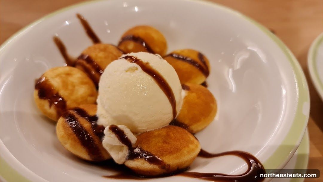 Poffertjes with Ice Cream and Chocolate Sauce