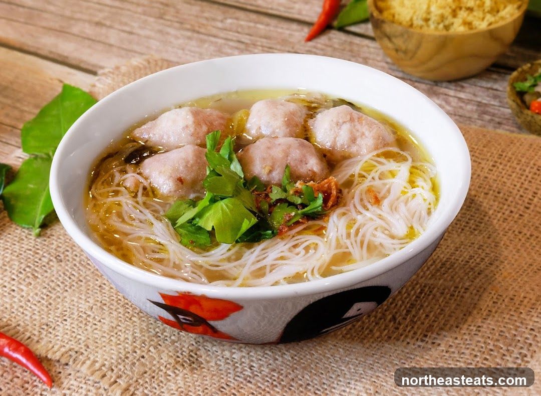 Bowl of Noodle Soup with Meatballs
