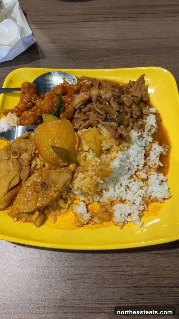 Plate of food with rice and various dishes