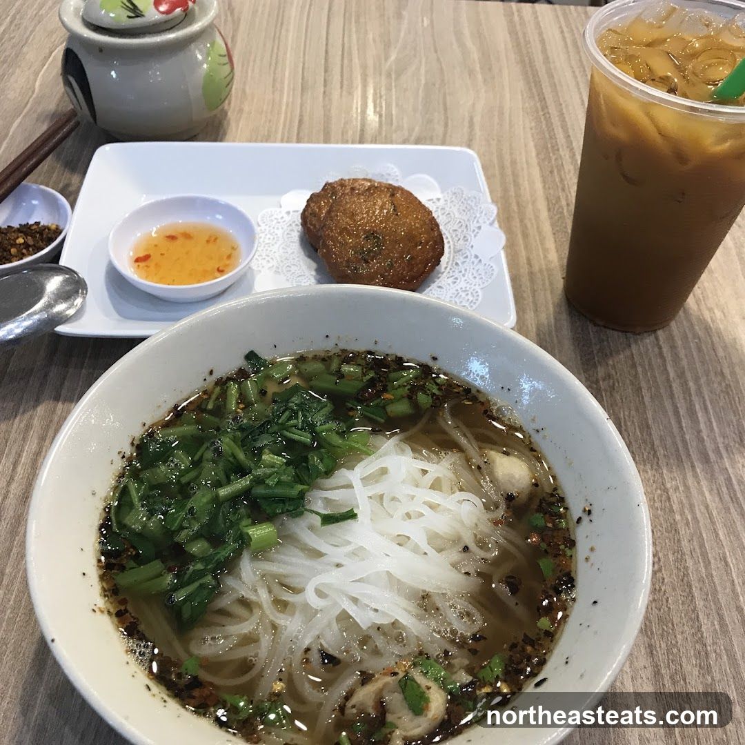 Noodle Soup with Fish Cakes and Iced Coffee