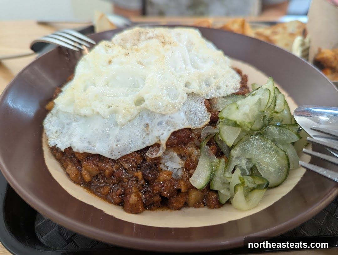 Braised Pork Rice with Fried Egg and Pickled Cucumbers