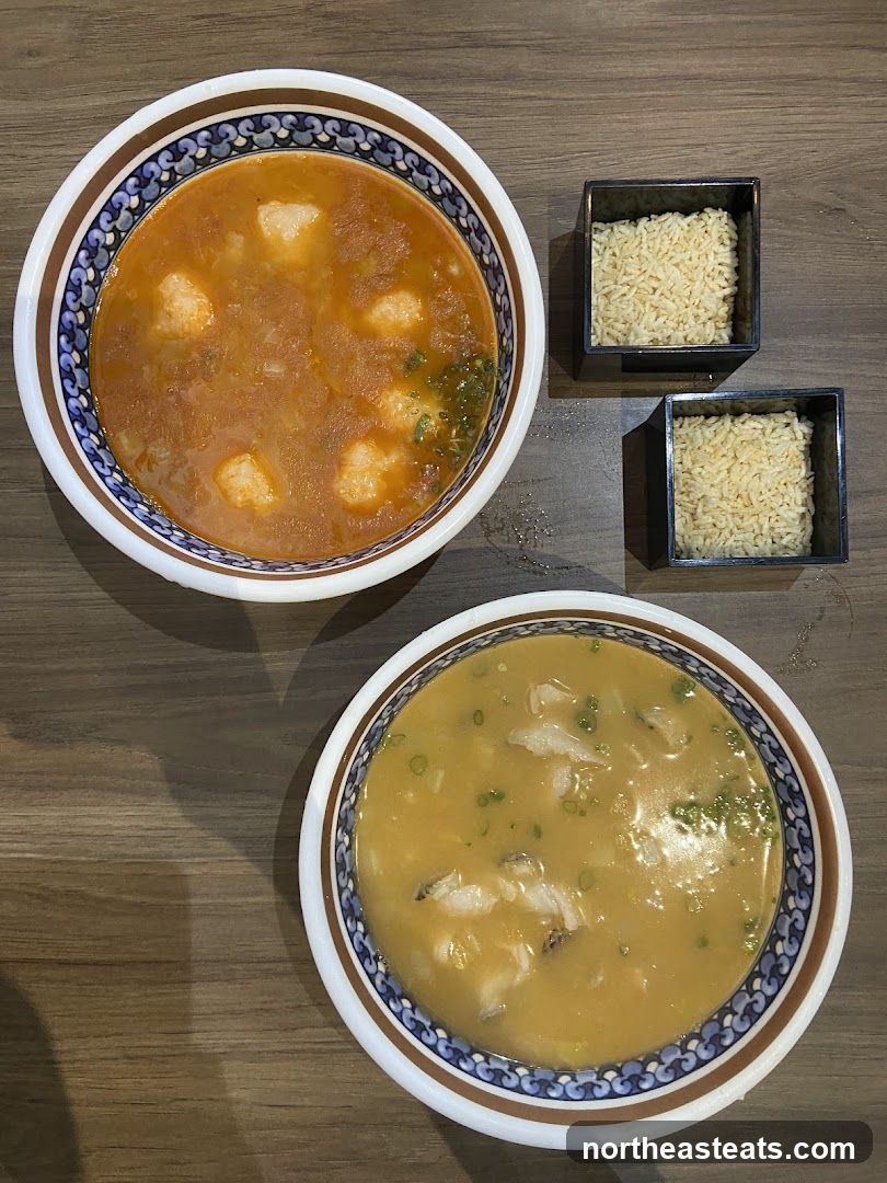 Two bowls of soup with rice