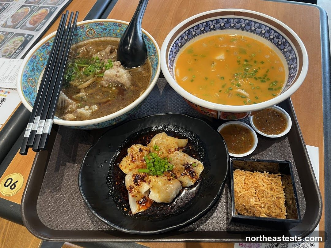 Meal Tray with Noodles, Dumplings, and Rice