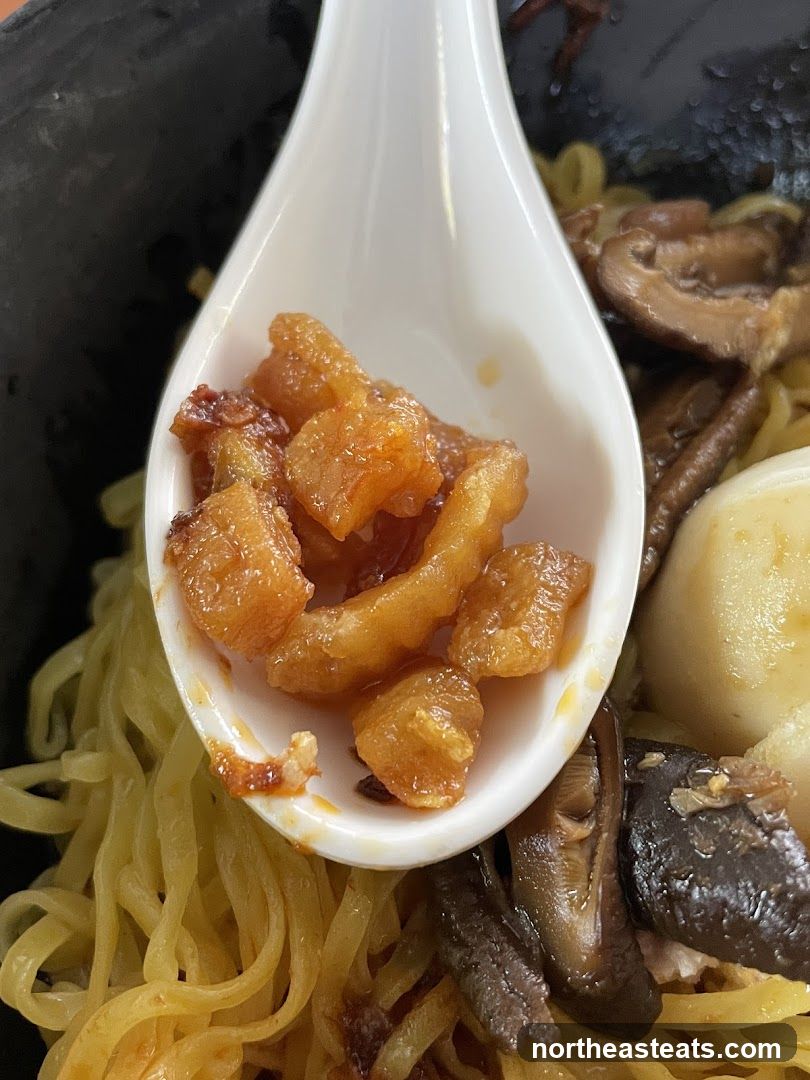 Close-up of a Spoonful of Crispy Pork Belly Over Noodles