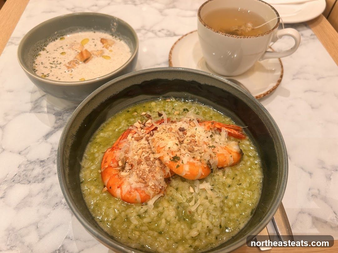 Shrimp Risotto and Soup with Tea