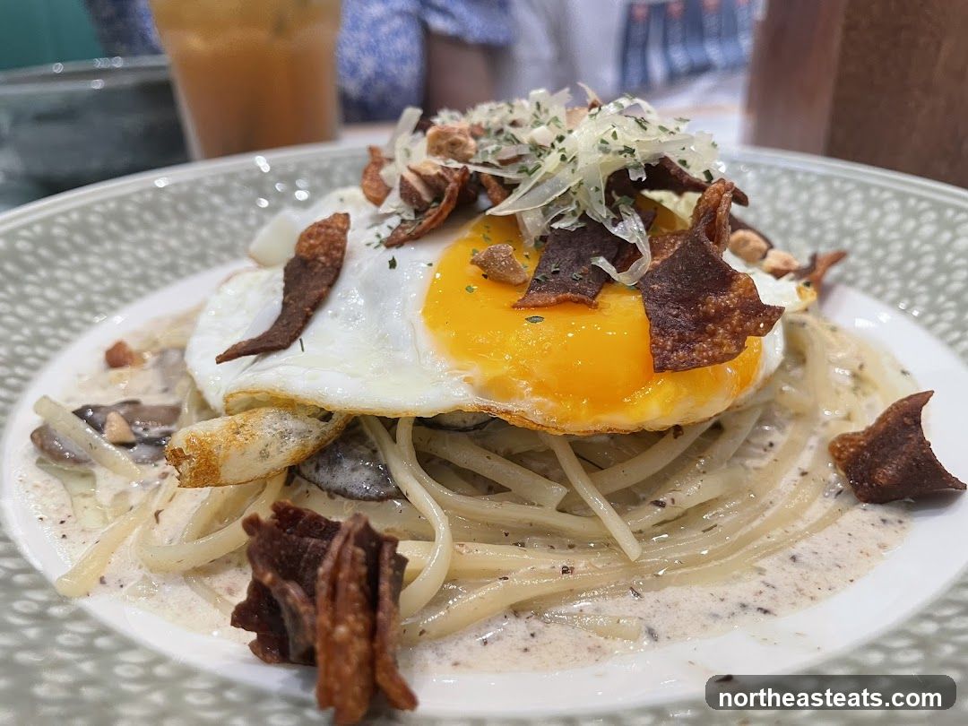 Pasta with Fried Egg and Crispy Toppings