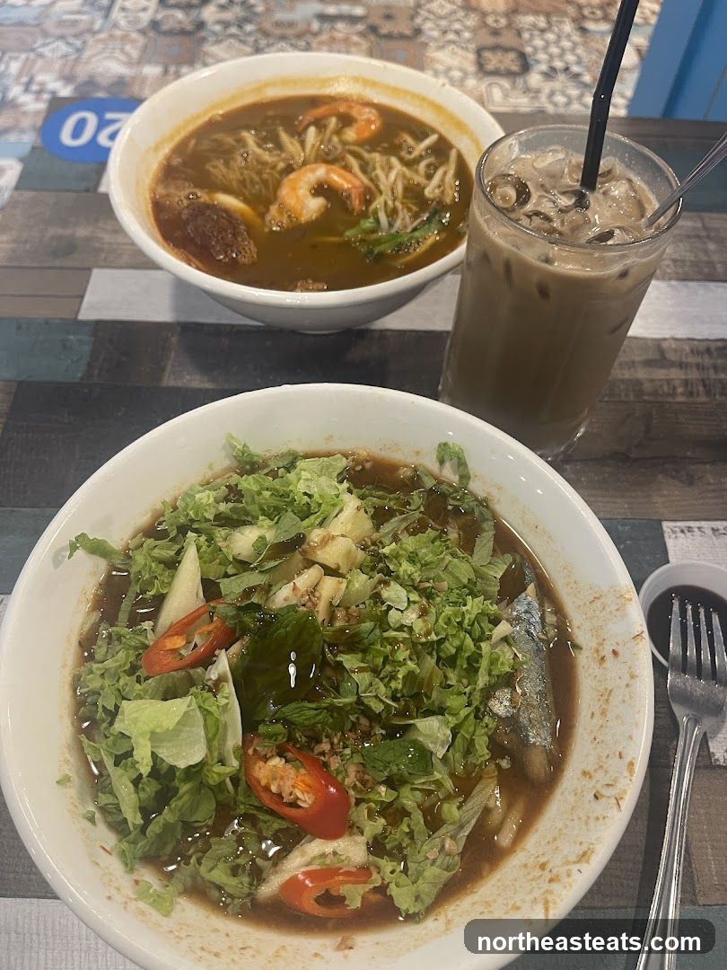 Noodle Soup and Iced Coffee