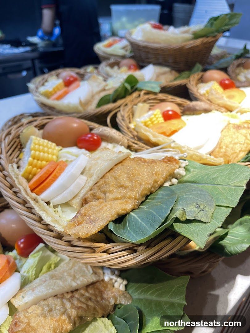 Wicker baskets filled with food items