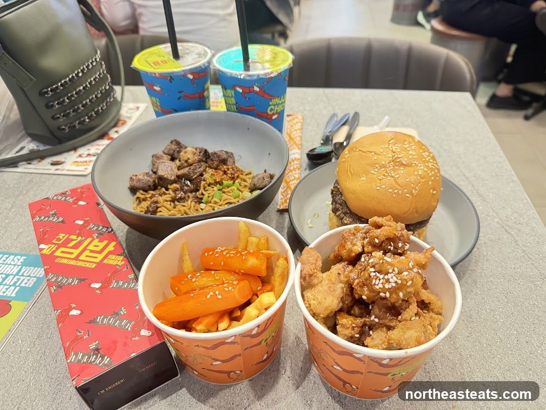 Meal with Burger, Noodles, and Fried Chicken