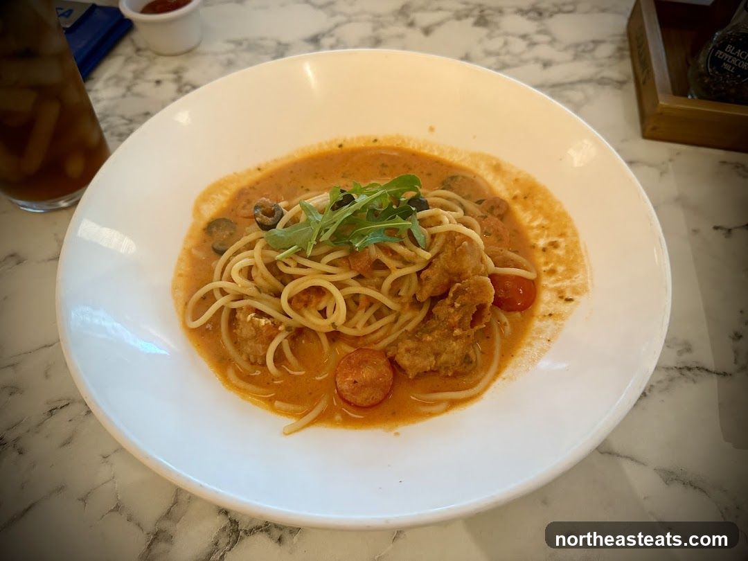 Spaghetti with Creamy Tomato Sauce and Fried Chicken