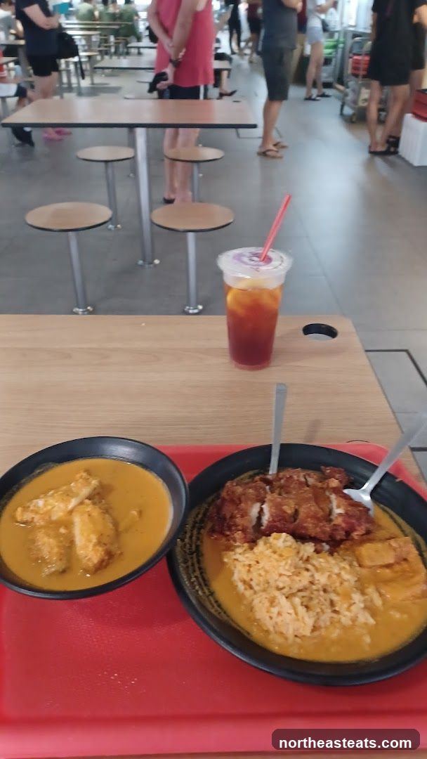 Curry dishes and iced tea at a food court