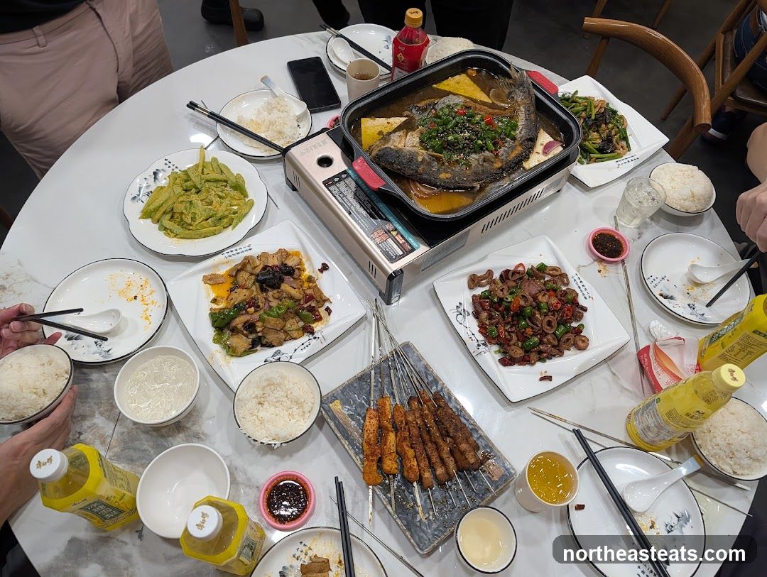 Table with various dishes and drinks