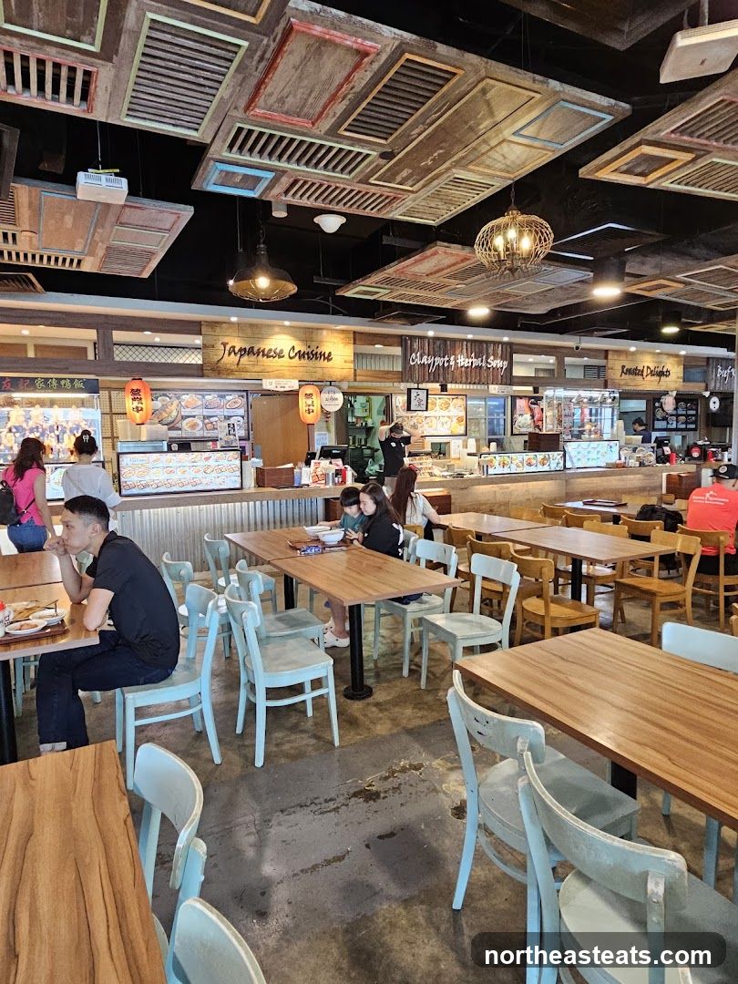 Food court with various stalls and seating