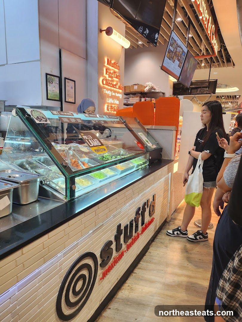 Food stall counter with various ingredients