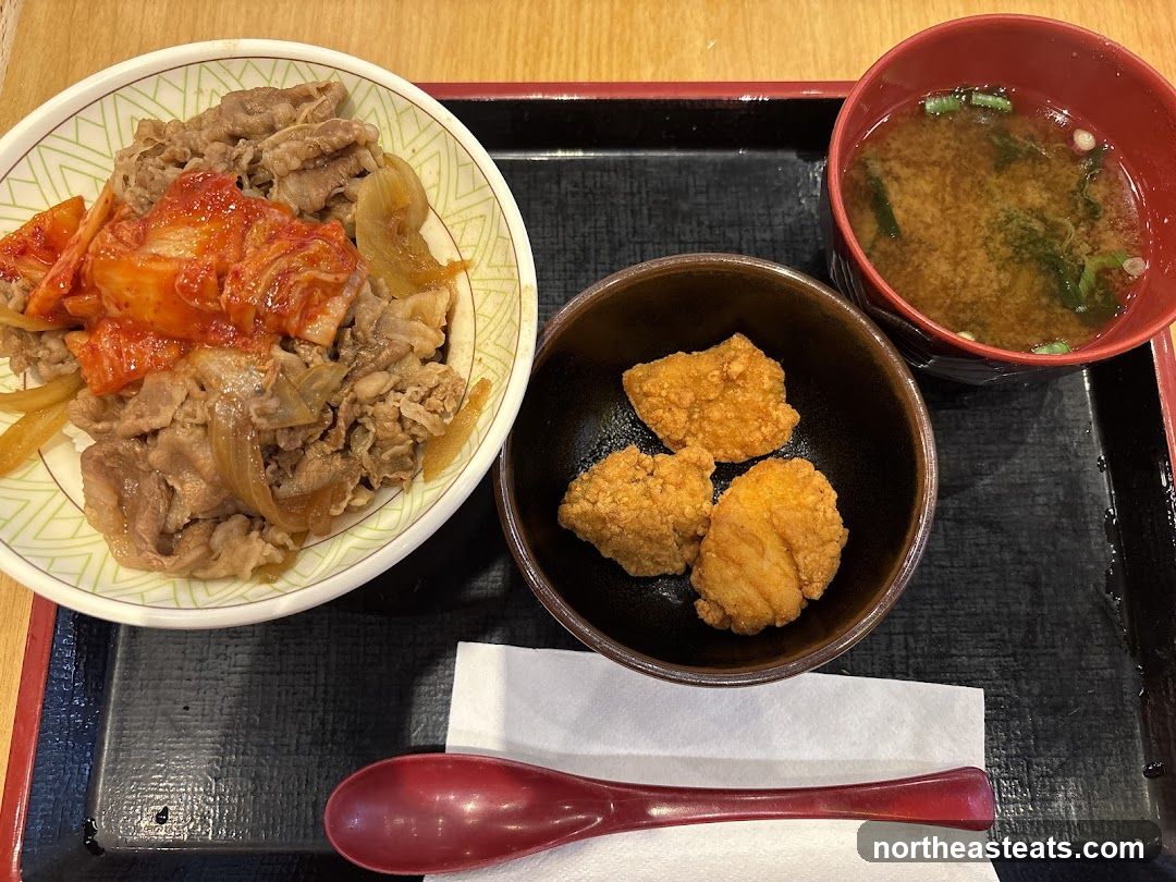 Beef Bowl with Kimchi and Fried Chicken