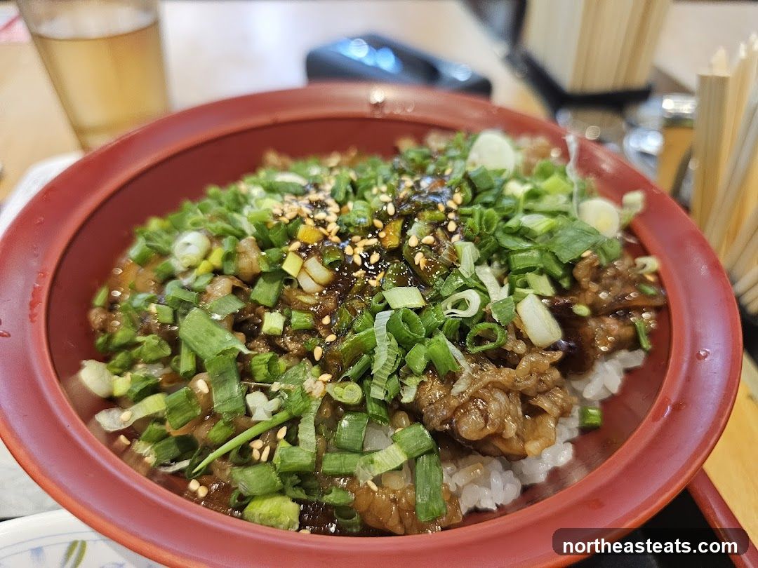 Beef bowl with green onions and sesame seeds
